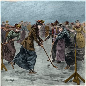 Eishockey: Ein Damenmatch auf dem See im Wimbledon Park (spätere Kolorierung)