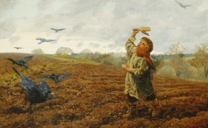 Der Vogelscheucher; "Tauben und Krähen, passt auf eure Zehen auf", 1884 von Arthur Hughes