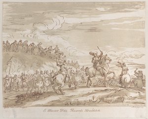 Kavallerie im Angriff, mit einer zentralen Figur auf einem Pferd, die ein Schwert erhebt, 1735
