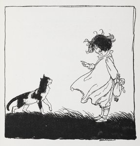 Ein Mädchen mit einer Puppe schimpft ihre Katze aus