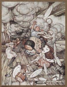 Alice in einer Küche mit der Herzogin, einem Koch und der Grinsekatze