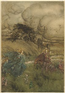 "Und nun treffen sie sich nie im Hain oder Grün," aus Akt 2, Szene 1 von Ein Sommernachtstraum von William Shakespeare von Arthur Rackham