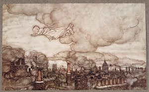 Er flog über die Häuser zu den Gärten, aus Peter Pan in Kensington Gardens von J M Barrie, veröffentlicht 1906