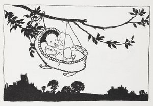 Baby in einer Wiege, die von einem Ast hängt von Arthur Rackham