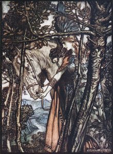 Brünnhilde führt ihr Pferd am Zügel. Illustration für Das Rheingold und Die Walküre von Richard Wagner von Arthur Rackham