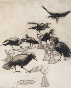 Aber sie sagten nacheinander: Hallo! Wer hat von meinem Teller gegessen? Wer hat aus meiner Tasse getrunken? aus Die Märchen der Brüder Grimm, veröffentlicht 1909 von Arthur Rackham