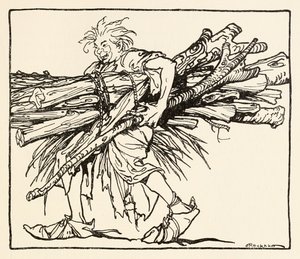 Carl baut einen Unterschlupf für die Nacht, aus The Carl of the Drab Coat in Irish Fairy Tales von Arthur Rackham