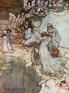 Elfen machen Rosenketten. Illustration für Ein Sommernachtstraum von William Shakespeare