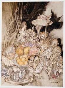 Treten mehrere seltsame Gestalten ein, die ein Bankett bringen ?.den König einladen, etc. zu essen, Illustration aus William Shakespeares Der Sturm, veröffentlicht 1926