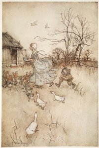 Ausgestattet mit einem Paar seiner väterlichen, abgetragenen Galligaskins, die er ebenso hochhalten musste wie eine feine Dame ihren Zug bei schlechtem Wetter., aus Rip Van Winkle von Washington Irving, veröffentlicht 1910