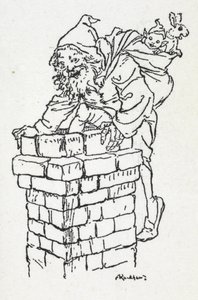 Weihnachtsmann klettert mit einem Sack voller Geschenke den Schornstein hinunter von Arthur Rackham