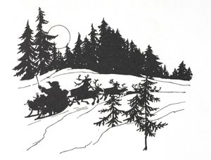 Weihnachtsmann, der durch einen verschneiten Wald auf seinem Schlitten fährt