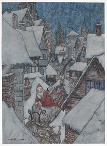 Weihnachtsmann fährt mit seinem Schlitten durch verschneite Straßen von Arthur Rackham