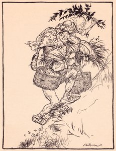 Ständig stöhnend, bestieg er den Berg. Illustration von Arthur Rackham aus Grimms Märchen Die Gänsemagd am Brunnen. von Arthur Rackham