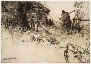 Er fand das Haus verfallen? Mein eigener Hund, seufzte der arme Rip, hat mich vergessen., aus Rip Van Winkle von Washington Irving, veröffentlicht 1910