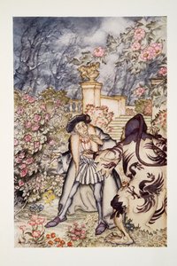 Er hörte ein lautes Geräusch und sah ein Tier auf sich zukommen, so furchterregend anzusehen, dass er vor Angst fast in Ohnmacht fiel, aus The Arthur Rackham Fairy Book, veröffentlicht 1933 von Arthur Rackham