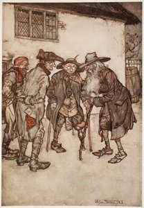 Er fand bald viele seiner ehemaligen Kumpane, obwohl alle ziemlich abgenutzt waren., aus Rip Van Winkle von Washington Irving, veröffentlicht 1910 von Arthur Rackham