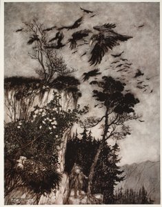 Er wurde nur von einer Schar fauler Krähen beantwortet., aus Rip Van Winkle von Washington Irving, veröffentlicht 1910