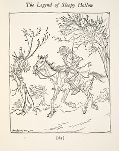 Ichabod Crane flieht vor dem kopflosen Reiter, aus Die Legende von Sleepy Hollow von Washington Irving (1783 - 1859), veröffentlicht 1928 von Arthur Rackham