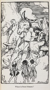 Illustration aus Ein Sommernachtstraum mit Feen und einem Mann mit einem Eselskopf.