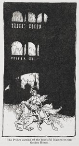 Illustration aus Der goldene Vogel, als der Prinz die Jungfrau auf dem Pferd entführt. von Arthur Rackham
