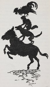Illustration der Bremer Stadtmusikanten mit einem Esel, Hund, Katze und Hahn