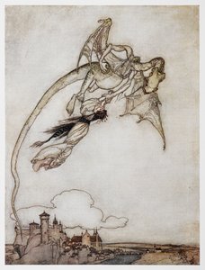 Illustration eines Drachen, der die Prinzessin entführt, aus Die vier klugen Brüder
