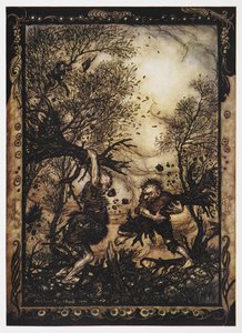 Illustration von zwei Riesen, die mit Bäumen kämpfen, aus Der tapfere Schneider