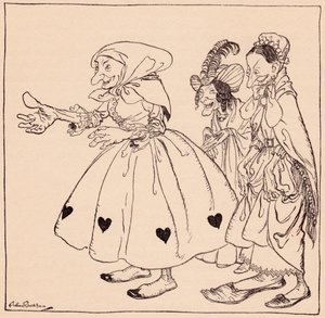 Es kamen die drei Frauen herein, die auf die seltsamste Weise gekleidet waren. Illustration von Arthur Rackham aus Grimms Märchen, Die drei Spinnerinnen. von Arthur Rackham