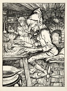 Leg!, brüllte der Riese und dann legte die Henne sofort ein Ei aus massivem Gold, aus The Arthur Rackham Fairy Book, veröffentlicht 1933