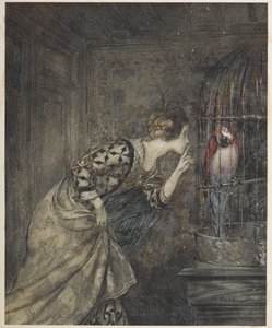 May Colvin und ein Papagei in einem Käfig.
