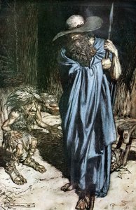 Mime und der Wanderer. Illustration für Siegfried und Die Götterdämmerung von Richard Wagner von Arthur Rackham