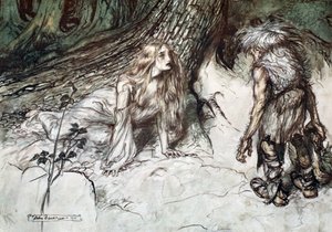 Mime findet die Mutter von Siegfried im Wald, 1924 von Arthur Rackham