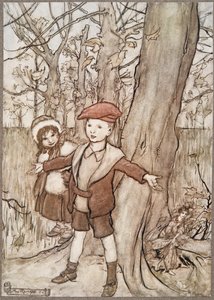 Eines Tages wurden sie von einer Fee belauscht .., aus Peter Pan in Kensington Gardens von J. M. Barrie (1860 - 1937), veröffentlicht 1906 von Arthur Rackham