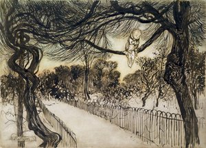Peter Pan auf einem Ast, Szene aus Peter Pan in Kensington Gardens von J.M Barrie, 1912 von Arthur Rackham