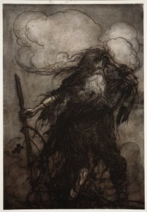 Rip wacht auf. Sicherlich, dachte er, habe ich nicht die ganze Nacht hier geschlafen? Oh! Dieser Krug! Dieser böse Krug! Welche Ausrede soll ich Dame Van Winkle machen? aus Rip Van Winkle von Washington Irving, veröffentlicht 1910