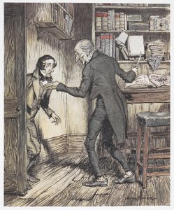 Scrooge schreibt in seinem Büro, als ein anderer Mann eintritt