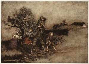 Umgeben von einer Schar von Kindern., aus Rip Van Winkle von Washington Irving, veröffentlicht 1910