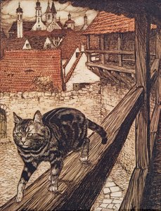 Die Katze schlich sich hinter die Stadtmauern zur Kirche, aus Die Märchen der Brüder Grimm, veröffentlicht 1909