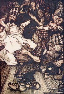 Die Zwerge fanden Schneewittchen am Abend auf dem Boden liegend, aus Die Märchen der Brüder Grimm, veröffentlicht 1909