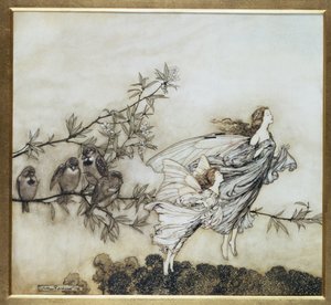 Die Feen haben ihren Streit mit den Vögeln, 1906 Illustration für Peter Pan in Kensington Gardens von J.M. Barrie, veröffentlicht 1906 (Tinte und Aquarell)