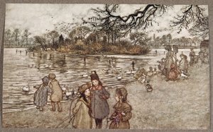 Die Insel, auf der alle Vögel geboren werden, die zu kleinen Jungen und Mädchen werden, aus Peter Pan in Kensington Gardens von J M Barrie, veröffentlicht 1906 von Arthur Rackham
