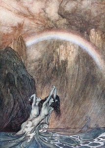 Die Rheintöchter beklagen ihr verlorenes Gold. Illustration für Das Rheingold und Die Walküre von Richard Wagner