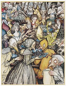 "Das Bankett, bei dem die wirklich große Gesellschaft versammelt war". Der Elfenkönig mit einer goldenen Krone, seine Töchter und Kobolde und Trolle versammeln sich zu einem Mahl. Illustration für 