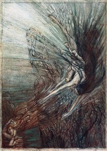 Die Neckerei der Rheintöchter. Illustration für Das Rheingold und Die Walküre von Richard Wagner von Arthur Rackham