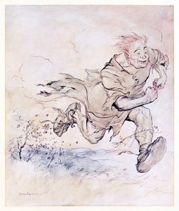 Das Stampfen seiner großen Stiefel wurde so kontinuierlich wie das Prasseln von Hagelkörnern auf einem Dach, und der Wind seines Vorbeigehens riss Bäume um. aus The Carl of the Drab Coat in Irish Fairy Tales