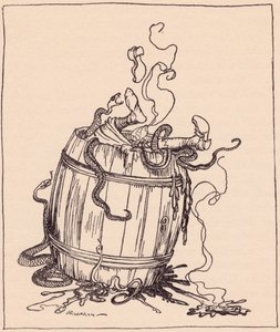 Die böse Schwiegermutter wurde in ein Fass mit kochendem Öl und giftigen Schlangen gesteckt. Illustration von Arthur Rackham aus Grimms Märchen, Die zwölf Brüder, veröffentlicht Ende des 19. Jahrhunderts. von Arthur Rackham