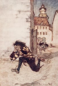 Dann rannte er ihm nach, immer noch das Schnitzmesser haltend, und rief: Nur eins, nur eins! aus Die Märchen der Brüder Grimm, veröffentlicht 1909 von Arthur Rackham