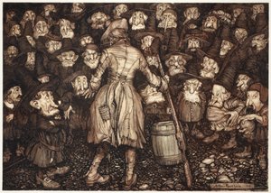 Sie starrten ihn mit einem so festen, statuenhaften Blick an, dass ihm das Herz in der Brust umdrehte und seine Knie zusammenstießen., aus Rip Van Winkle von Washington Irving, veröffentlicht 1910 von Arthur Rackham