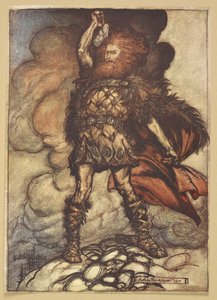 Thor erhebt seinen Hammer.